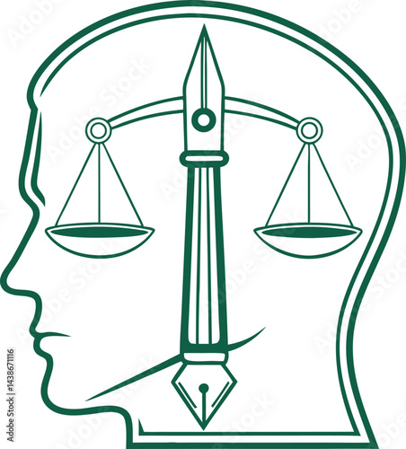 Minimalist green vector design of a human head profile with a fountain pen nib and scale of justice on white background