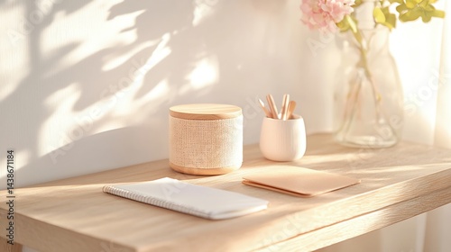 Warm Sunlight Illuminates Minimalist Wooden Desk with Stationary and Flowers