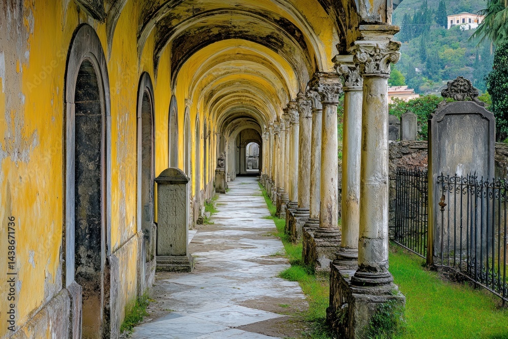 Obraz premium Serene Yellow Colonnade: A Walk Through Time