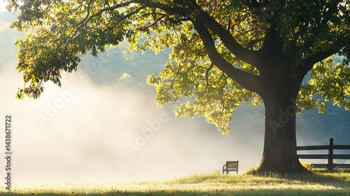   A park bench under a large tree on a foggy day with a bench under the shade of a large tree