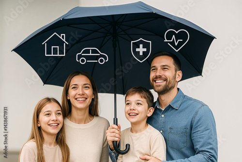 Happy family standing under umbrella with insurance protection icons for home car health and life security concept