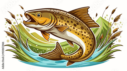 Very beautiful brown trout jumping out of the water. white background