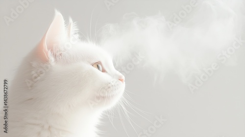 White Cat Exhaling Steam, Fluffy Pet Portrait