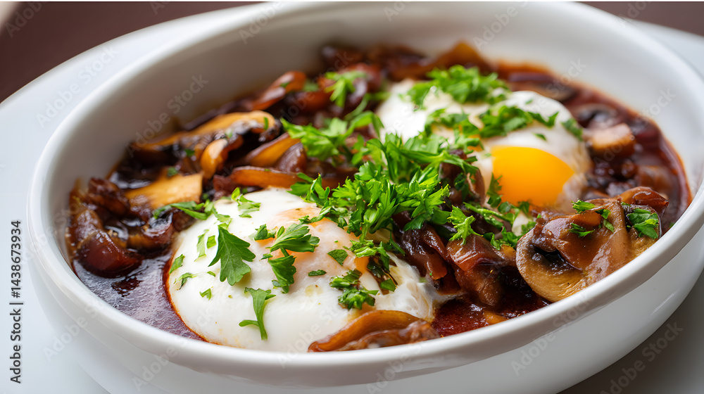 Delicate Poached Eggs in Rich Mushroom Sauce with Fresh Herbs and Garnish on Elegant Plate Delicate Poached Eggs in Rich Mushroom Sauce with Fresh Herbs and Garnish on Elegant Plate