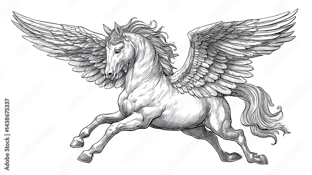 Obraz premium Sketch engraving of mythological Pegasus horse with large detailed wings in mid gallop on white background