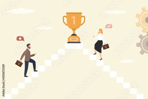Confident businessman and businesswoman walk up stair compete to win trophy. Career ladder. Business competition, employee motivation to success,