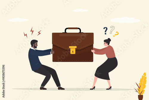 Two job seekers share an employee briefcase, business conflict at work. Fight between two business people for one workplace. Employment, hiring, recruitment process.