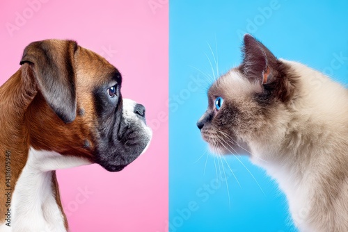 Boxer dog and cat facing each other