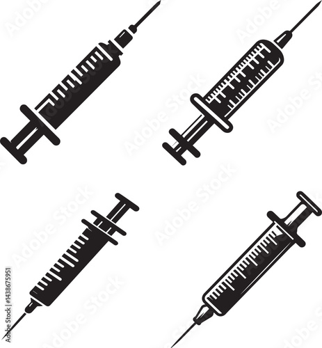 Vector Illustration of Syringe Designs - Black and White Silhouette Clipart