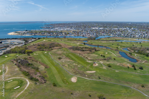 Aerial view of  Bergen Point Golf Course and Long Island Coast