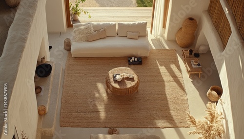 Sunlit modern living room interior with beige rug, white sofa, wooden coffee table, and natural textures.