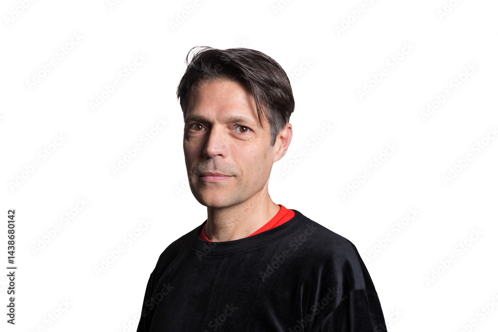 Fototapeta premium Middle-aged man in casual clothes on white background, looking at the camera.