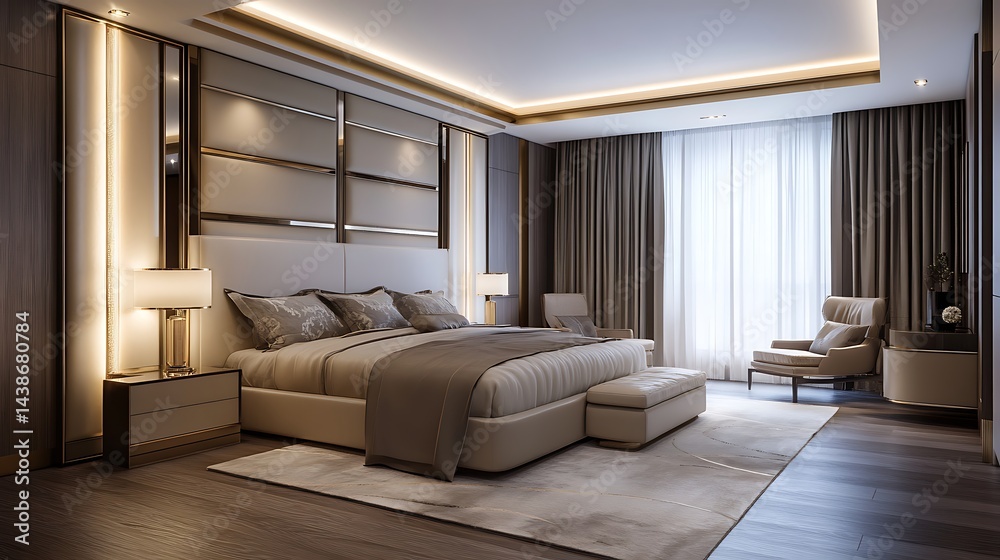 Fototapeta premium Elegant and spacious bedroom with stunning city view and modern decor image