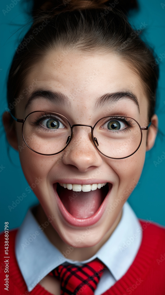 Begeistertes Mädchen mit Brille und Dutt in Schuluniform vor türkisem Hintergrund