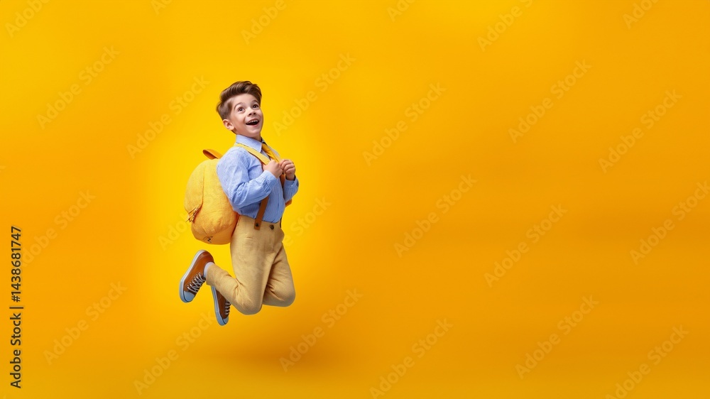 Springender Junge im Anzug mit Aktentasche vor orangem Hintergrund