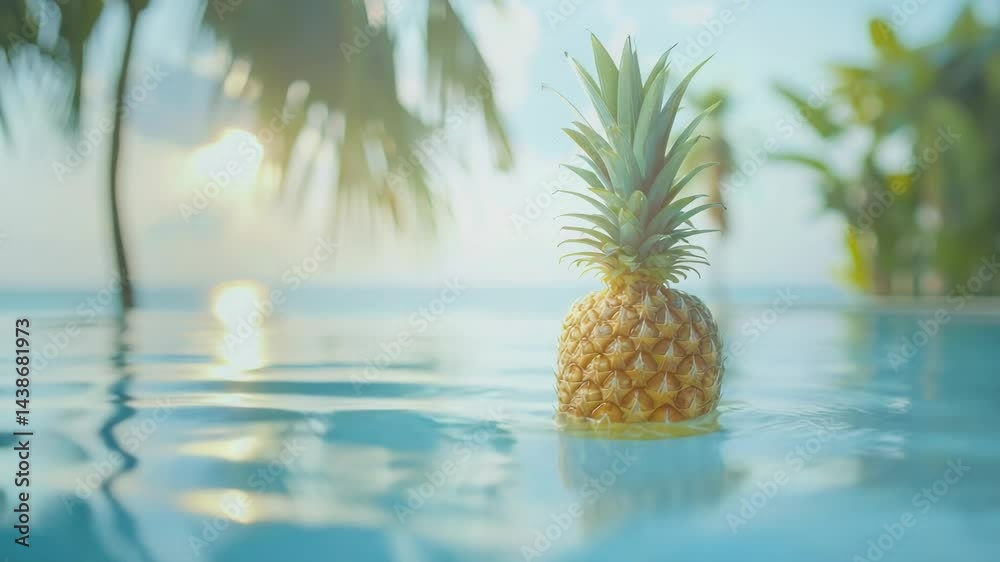 Pineapple floating in pool sunset tropical scene