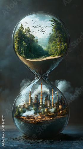 Hourglass symbolizing the contrast between nature and industrialization showcasing a cycle of life and environmental impact