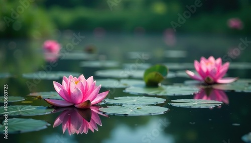 Water lilies create a floral pattern across calm lake, reflection, wildlife