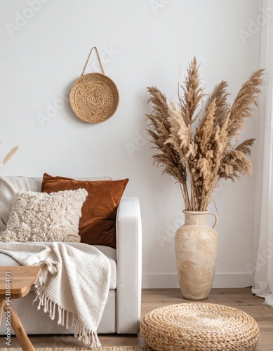 Neutral pampas grass in ceramic vase, generative AI image