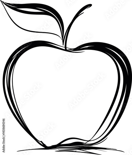 Black line drawing of a simple apple with leaf. Vector illustration