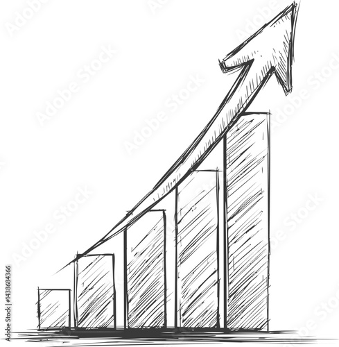 Black and white sketch of rising bar graph with upward arrow. Vector illustration