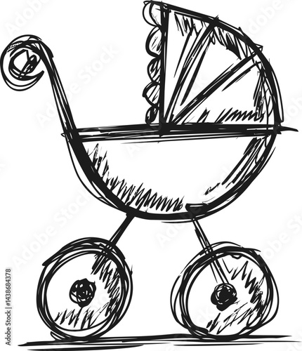 Sketch of a vintage baby carriage with curved handle and large wheels. Vector illustration