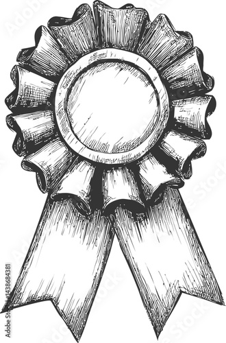 Hand-drawn black and white illustration of award ribbon with detailed texture. Vector illustration