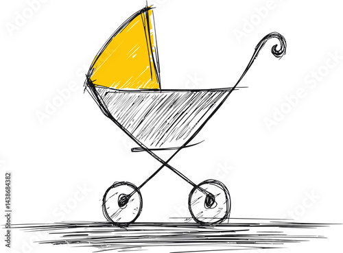 Sketched baby stroller with yellow canopy and detailed line art. Vector illustration
