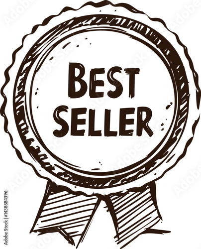 Sketch of a best seller badge with ribbon in black and white drawing style. Vector illustration