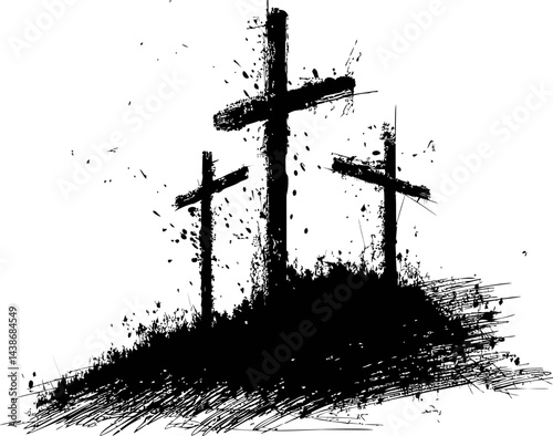 Three black crosses on a hill with abstract brush strokes concept art. Vector illustration
