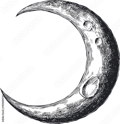 Detailed sketch of a crescent moon with craters in black and white illustration. Vector illustration
