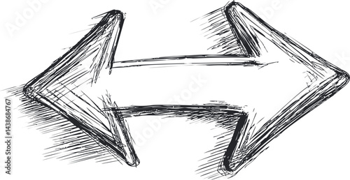 Sketch of a black and white double arrow with textured sketchy lines. Vector illustration