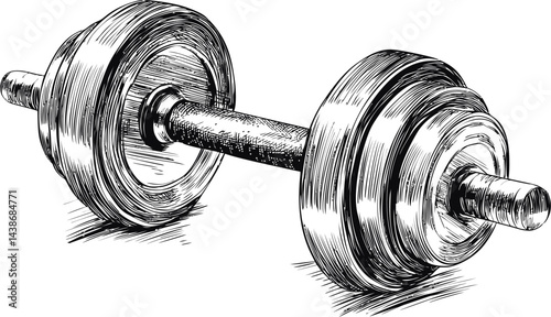 Sketch of a detailed steel dumbbell in black and white illustration style. Vector illustration