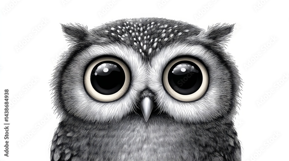 Obraz premium Big Eyed Owl Illustration - Cute owl illustration, symbolizing wisdom, peace, mystery, night, and nature. Adorable large eyes