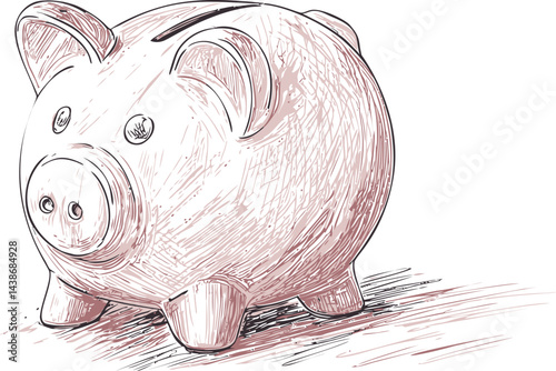 Sketch of a classic piggy bank with shading in sepia tones, savings concept. Vector illustration