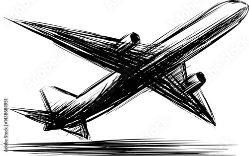 Black sketch of airplane taking flight with dynamic strokes, vector art style. Vector illustration