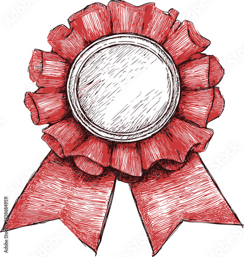 Red sketch-style ribbon with rosette and blank center circle design. Vector illustration