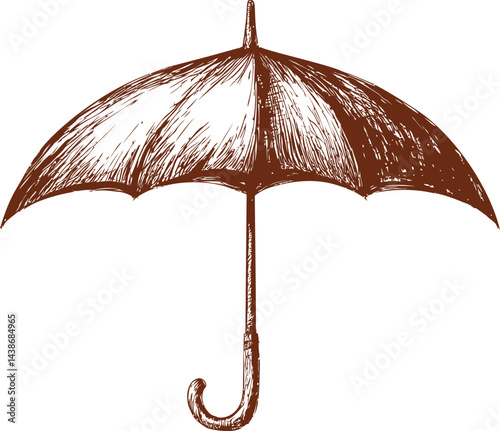 Vintage brown sketch of an open umbrella with curved handle, hand-drawn art. Vector illustration