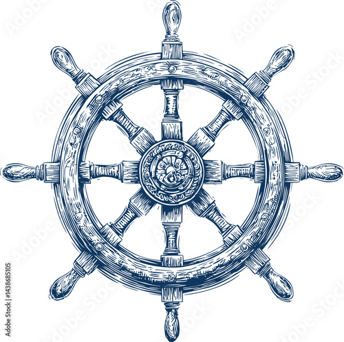 Wooden maritime ship wheel illustration in blue with intricate details. Vector illustration