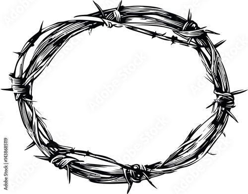 Circle of barbed wire in black and white symbolic of confinement and pain. Vector illustration
