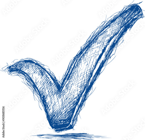 Blue sketch of a checkmark with scribbled texture, conveying approval concept. Vector illustration