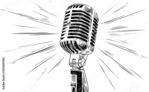Vintage microphone sketch with radiating lines. Vector illustration