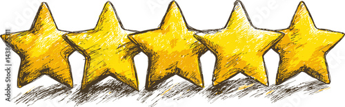 Yellow hand-drawn five gold stars with sketched details. Vector illustration