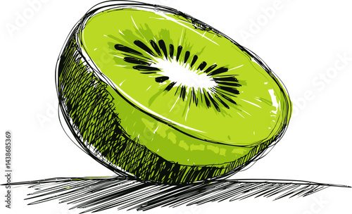 Hand-drawn illustration of a sliced kiwi fruit with a vibrant green center. Vector illustration