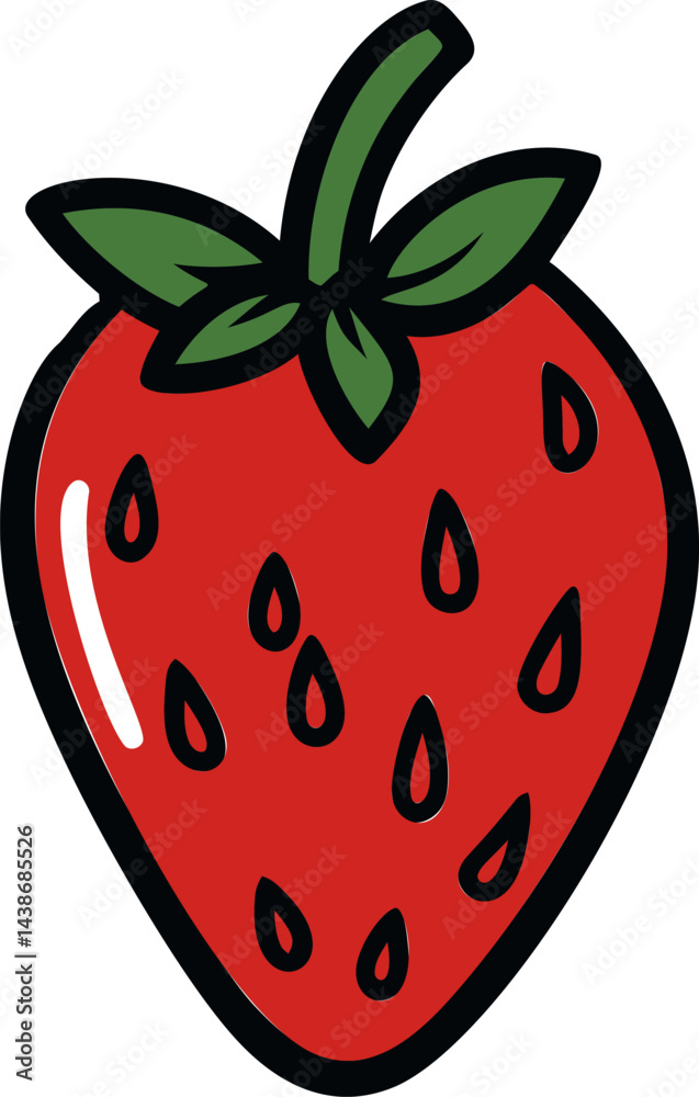 Obraz premium Illustrated red strawberry with green leaves, vector art. Vector illustration