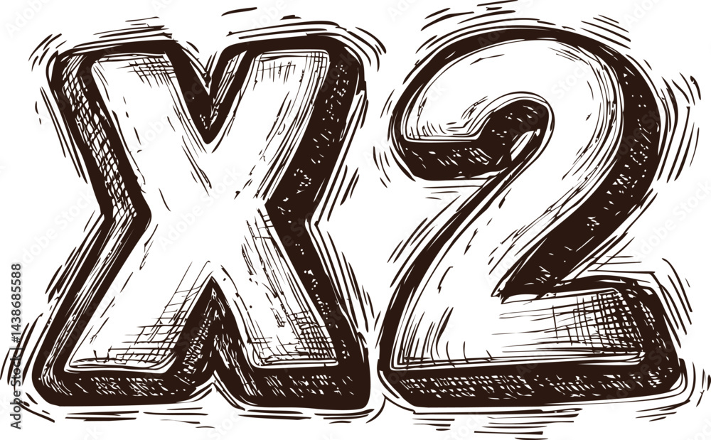 Black and white sketch of large stylized letters 'X2' with bold outlines. Vector illustration