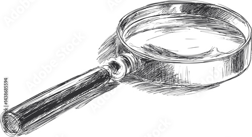 Hand-drawn sketch of a magnifying glass with detailed shading effects. Vector illustration