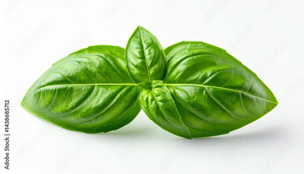 Fototapeta premium Three fresh basil leaves closeup, generative AI image