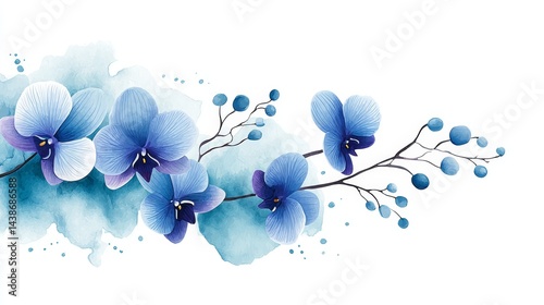 Blue Orchid Watercolor Floral Design - Elegant watercolor painting of blue orchids and berries on a branch, set against a soft teal background. Perfect for invitations, cards, and more