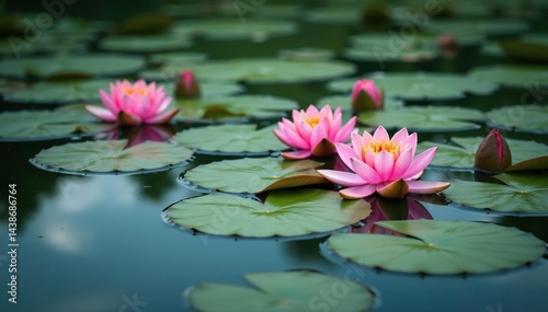 Water lilies, lotus blossoms forming a natural floral pattern on calm lake surface, organic, floral design